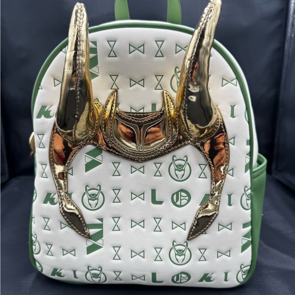 Green and White Backpack with Gold Horns